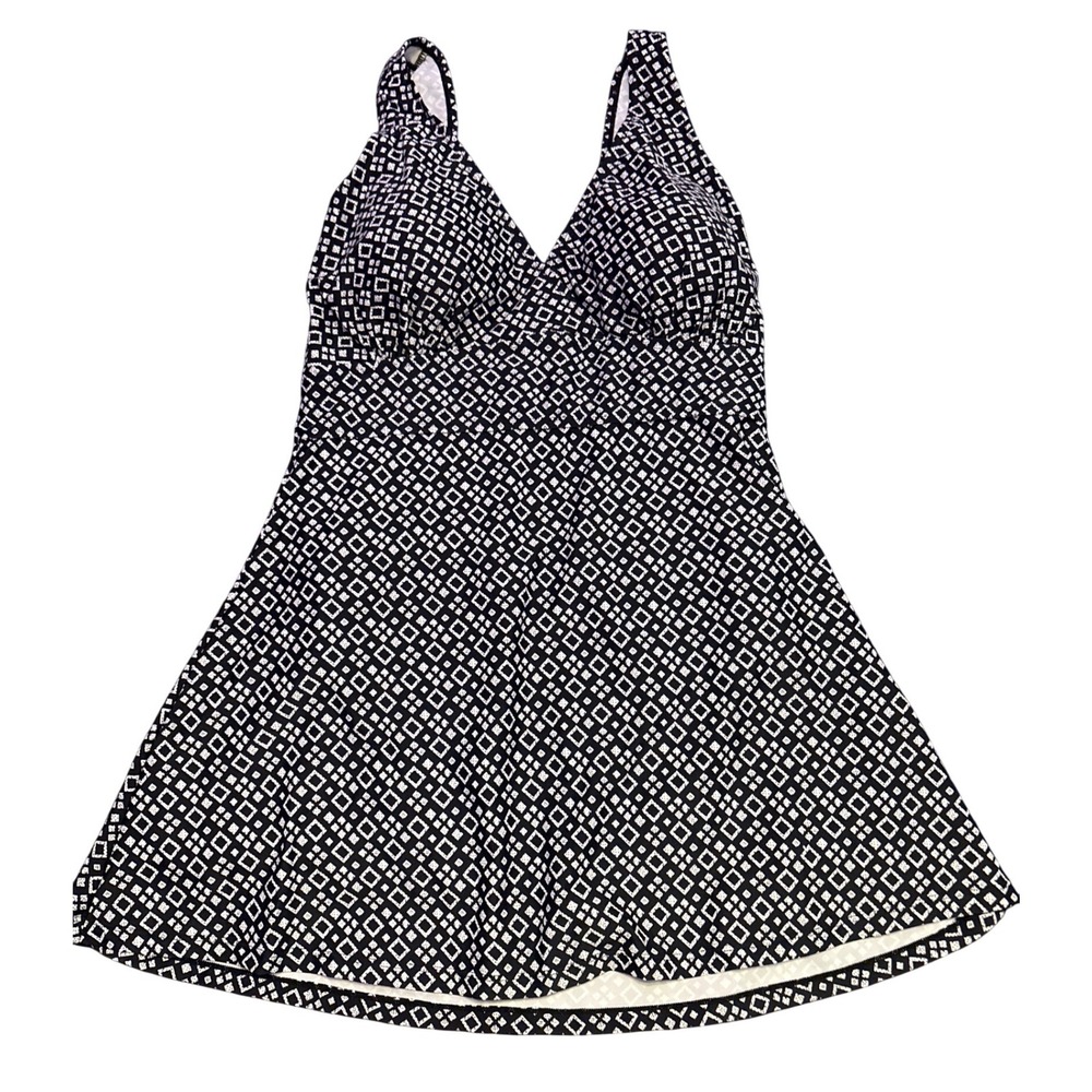Black White Geometric Print Swimdress One Piece Swimsuit Built In Brief Size L